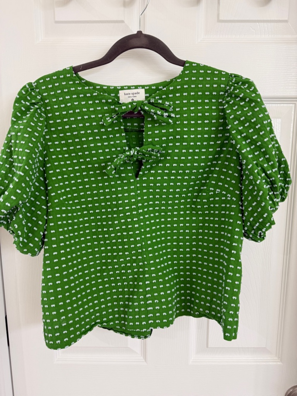 kate spade x target Green Puff-Sleeve Tie-Front Blouse with Tiny White Dot Print